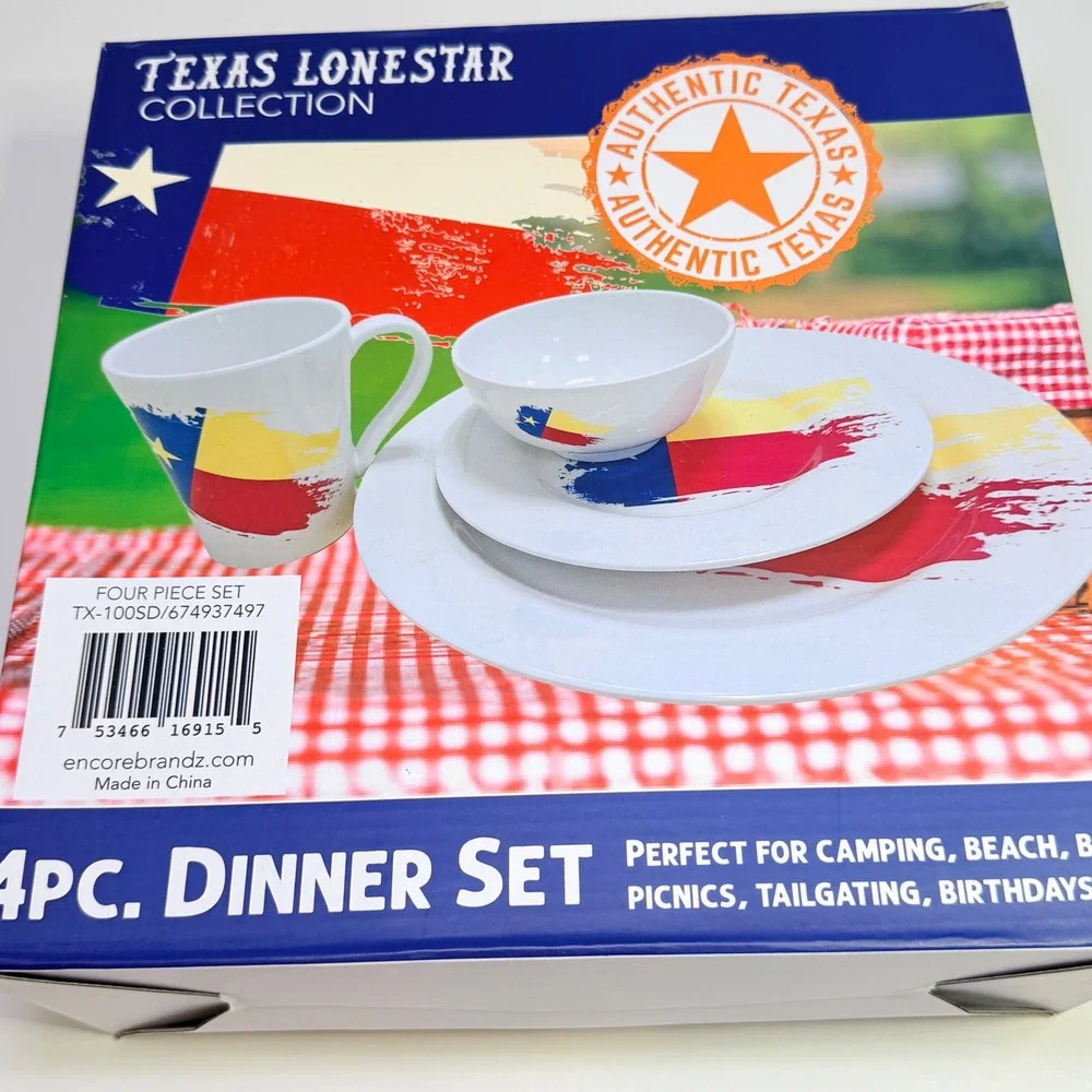 Texas Lonestar Collection 4pc Melamine Dinner Set Texas Flag TX-100SD NEW